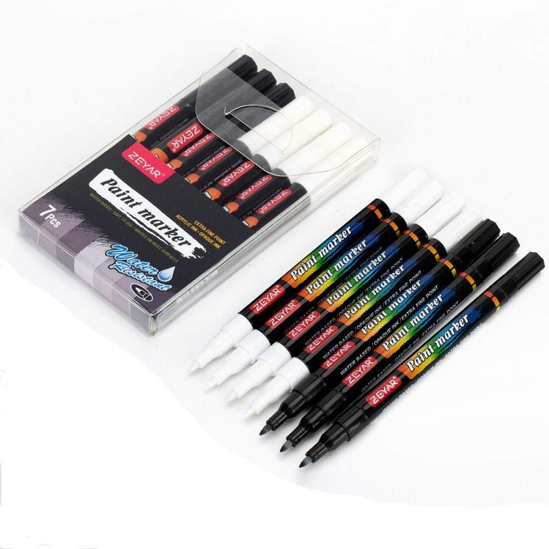 ZEYAR White and Black Acrylic Paint pen, Water Based, Set of 7, Extra Fine Point, Great for Rock Painting, Ceramic, Glass, Wood and smooth surfaces, Opaque ink (White and Black) - Image 1